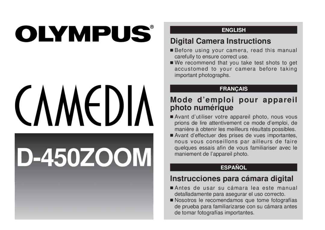 Olympus D-450 manual Before using your camera, read this manual, Carefully to ensure correct use, Important photographs 