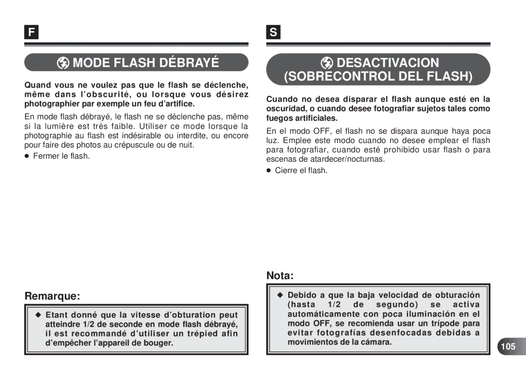 Olympus D-450 manual Mode Flash Débra YÉ, Desactivacion Sobrecontrol DEL Flash, 105 