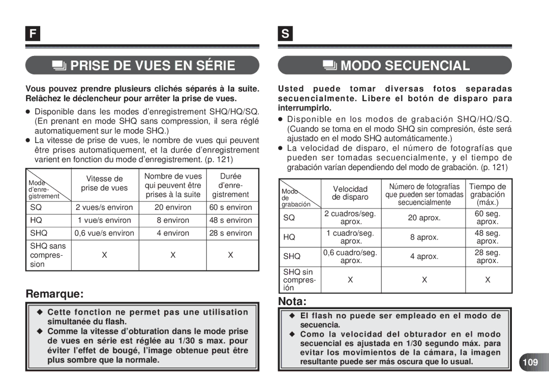 Olympus D-450 manual Prise DE Vues EN Série Modo Secuencial, 109 