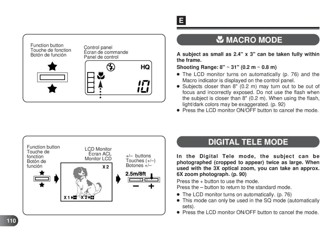 Olympus D-450 manual Macro Mode, Digital Tele Mode, 110 