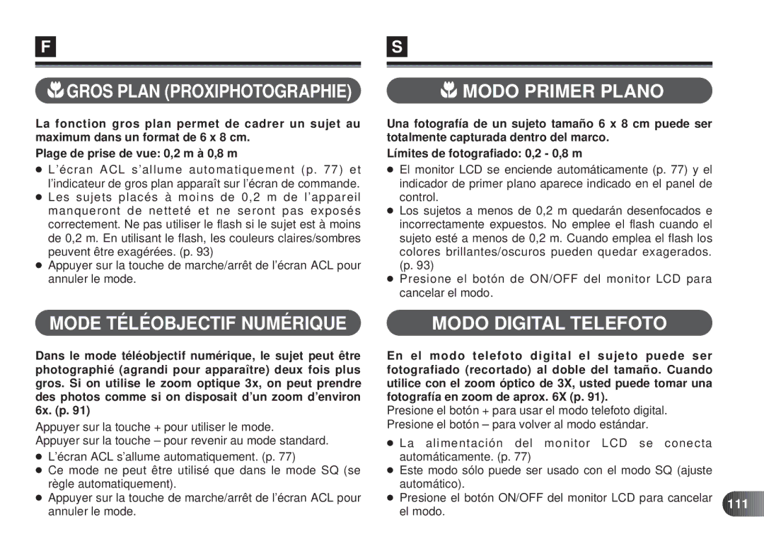 Olympus D-450 manual Modo Primer Plano, Mode Téléobjectif Numérique Modo Digital Telefoto, 111 