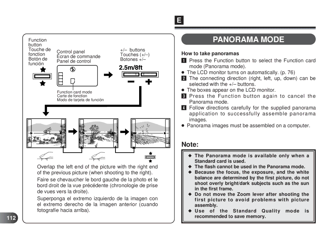 Olympus D-450 manual Panorama Mode, How to take panoramas, 112, Images Panorama images must be assembled on a computer 