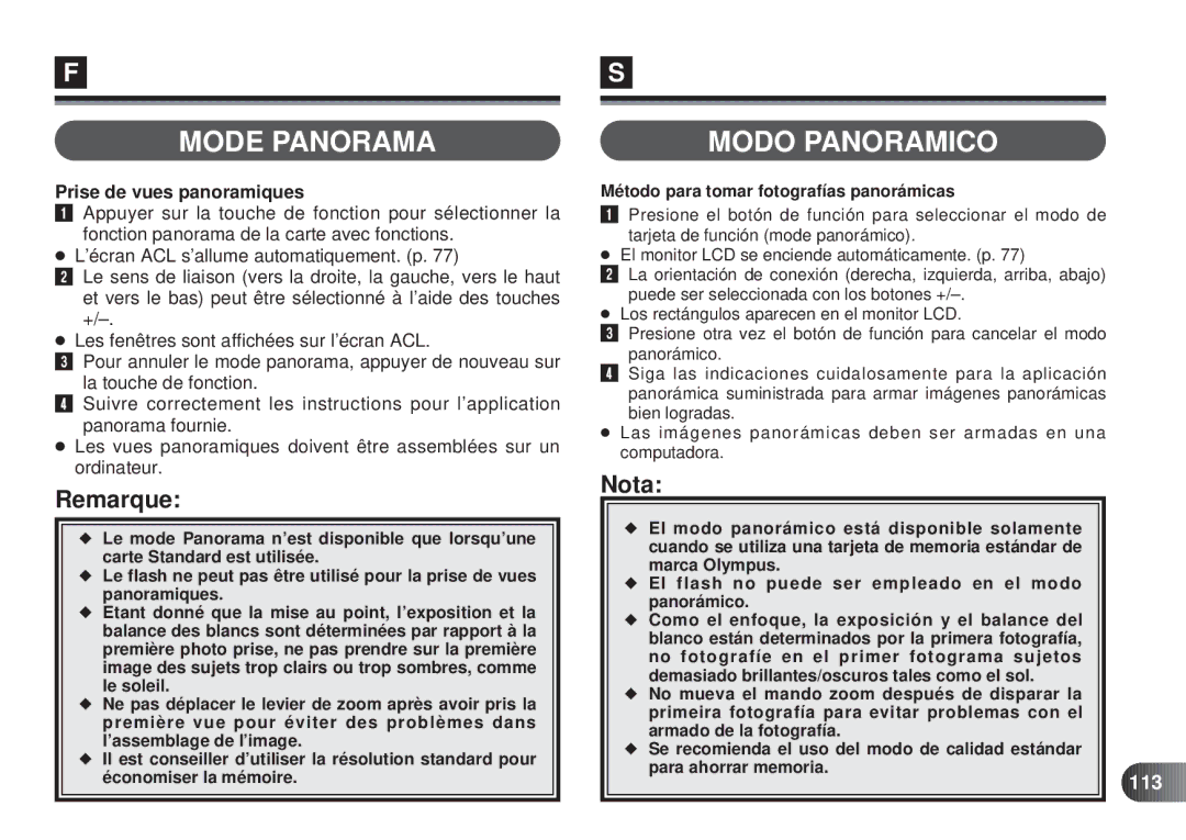 Olympus D-450 manual Mode Panorama Modo Panoramico, Prise de vues panoramiques, 113 