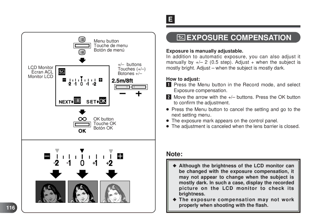 Olympus D-450 Exposure Compensation, Exposure is manually adjustable, How to adjust, 116 