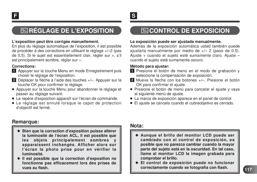 Olympus D-450 manual Réglage DE L ’EXPOSITION Control DE Exposicion, 117 