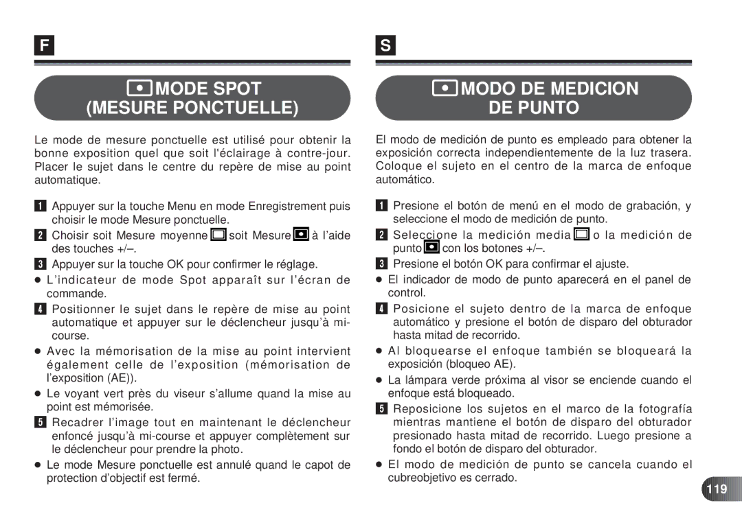 Olympus D-450 manual Mode Spot Mesure Ponctuelle Modo DE Medicion DE Punto, 119 
