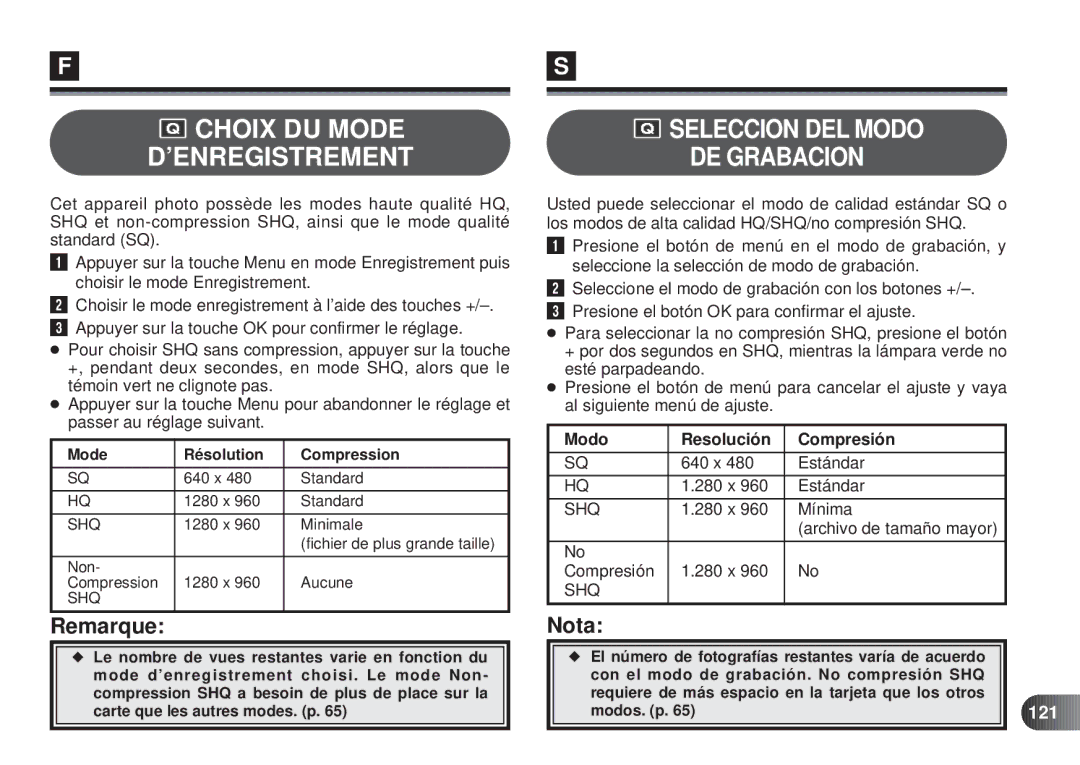 Olympus D-450 manual Modo Resolución Compresión, x Estándar 280 x, 280 x Mínima, Compresión 280 x, 121 