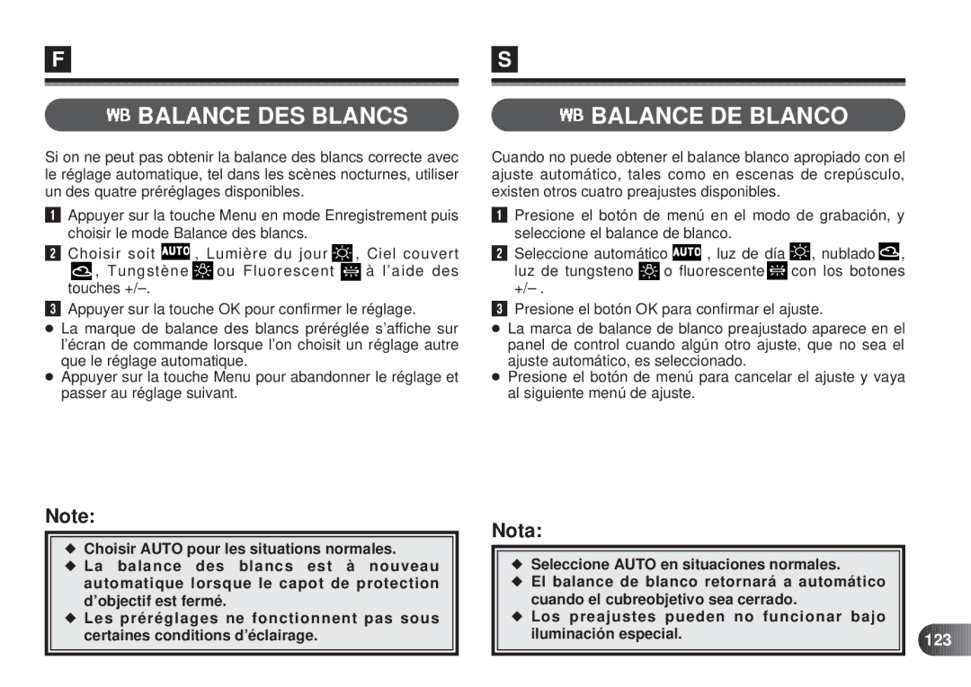 Olympus D-450 manual Balance DES Blancs Balance DE Blanco, 123 