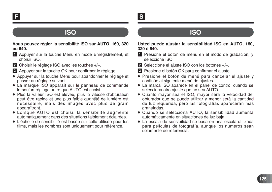 Olympus D-450 manual Vous pouvez régler la sensibilité ISO sur AUTO, 160, 320 ou, 125 