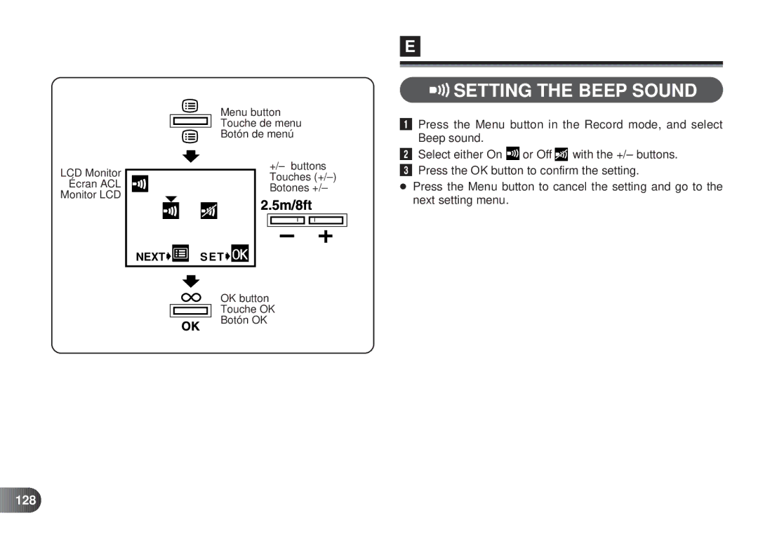 Olympus D-450 manual Setting the Beep Sound, 128 