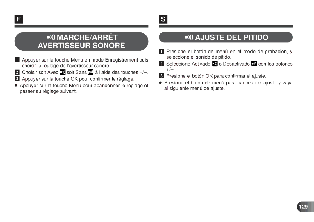 Olympus D-450 manual MARCHE/ARRÊT Avertisseur Sonore, Ajuste DEL Pitido, 129 