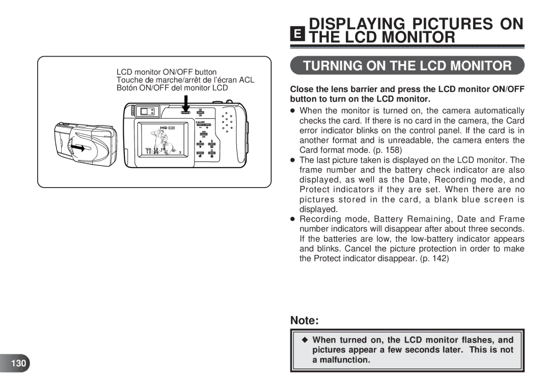 Olympus D-450 manual Turning on the LCD Monitor, 130 