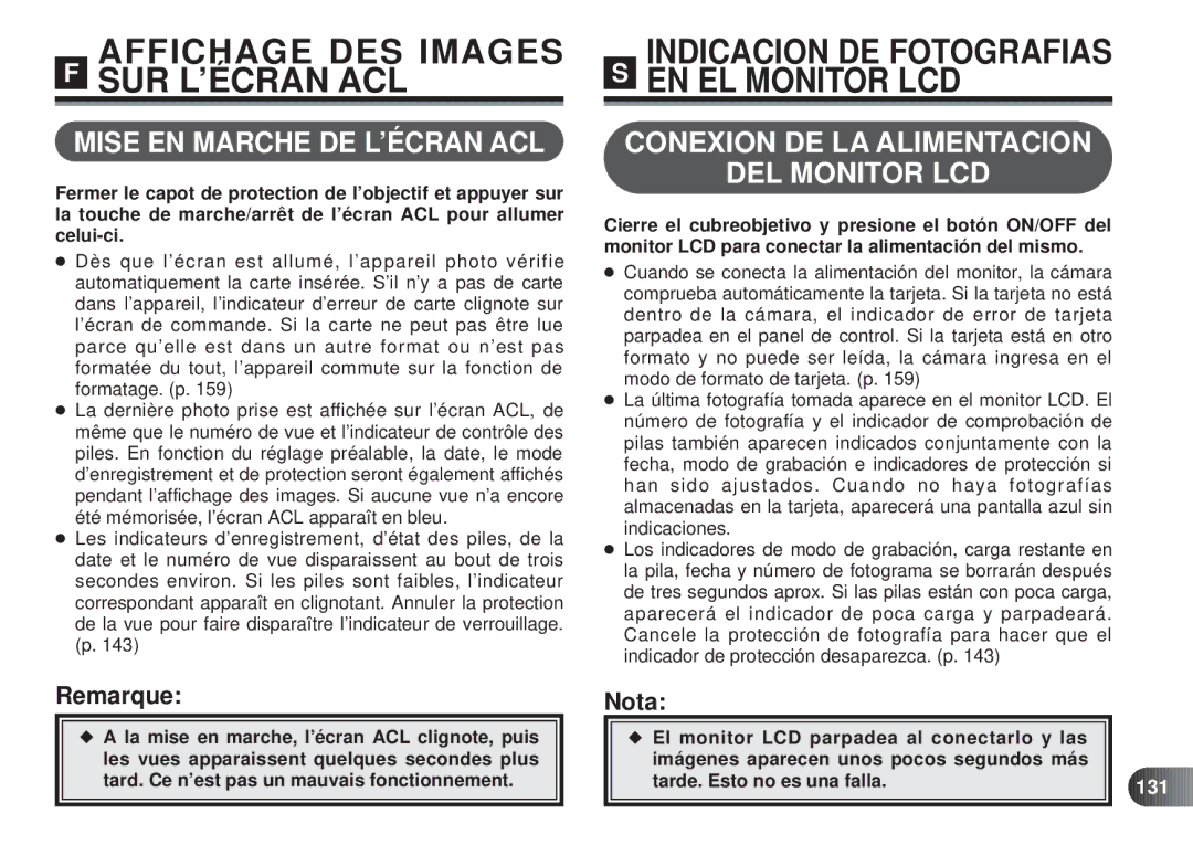 Olympus D-450 manual Mise EN Marche DE L’ÉCRAN ACL, Conexion DE LA Alimentacion DEL Monitor LCD, RemarqueNota, 131 