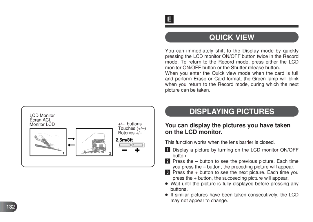 Olympus D-450 manual Quick View, Displaying Pictures, 132 