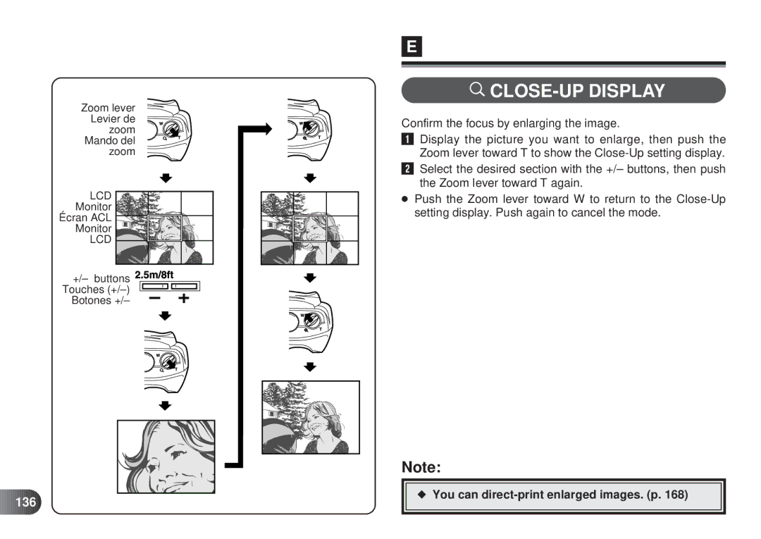 Olympus D-450 CLOSE-UP Display, Confirm the focus by enlarging the image, 136, You can direct-print enlarged images. p 