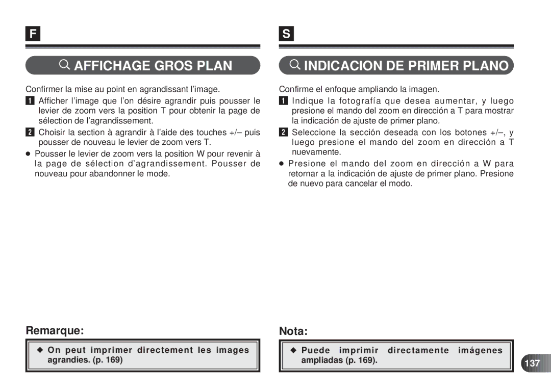 Olympus D-450 Affichage Gros Plan, Indicacion DE Primer Plano, On peut imprimer directement les images agrandies. p, 137 