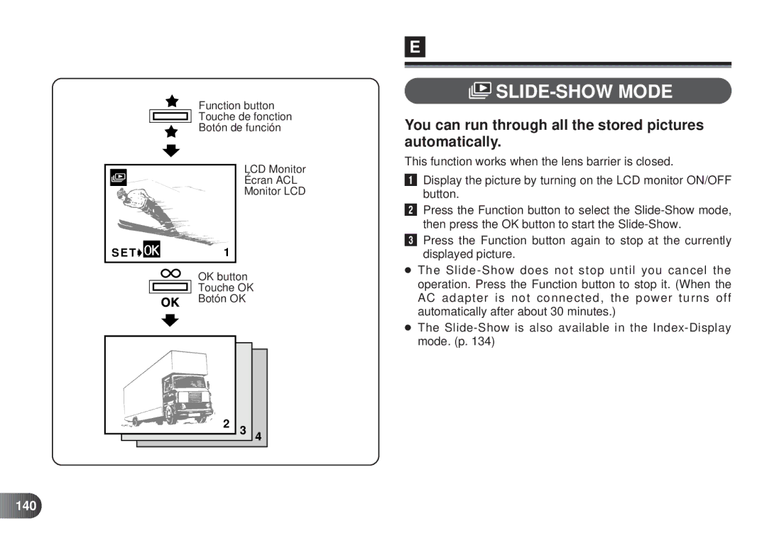 Olympus D-450 manual SLIDE-SHOW Mode, You can run through all the stored pictures automatically, 140 
