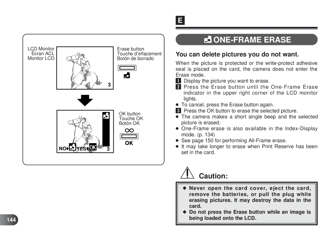 Olympus D-450 manual ONE-FRAME Erase, You can delete pictures you do not want, 144 