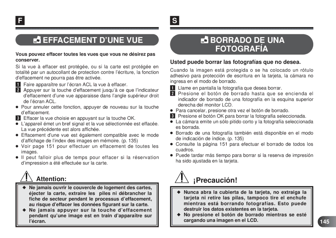 Olympus D-450 manual Effacement D’UNE VUE, Borrado DE UNA Fotografía, Usted puede borrar las fotografías que no desea, 145 