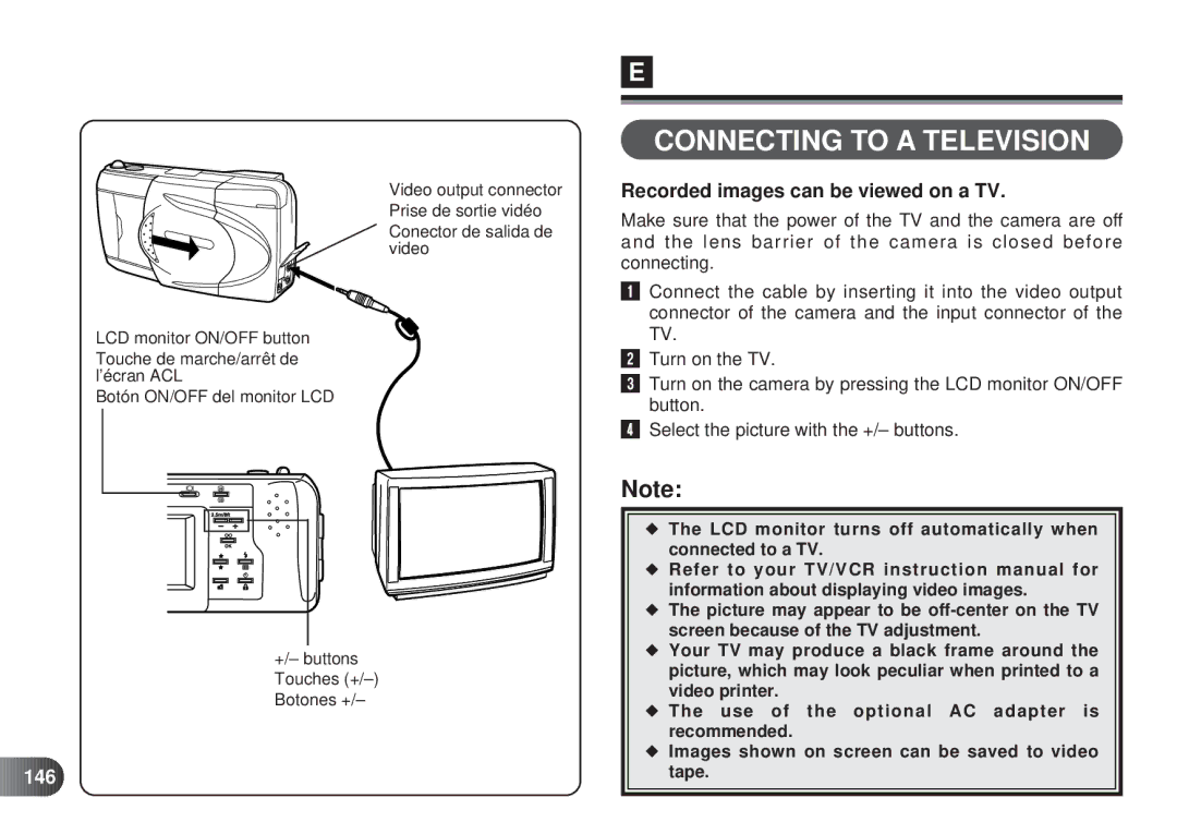 Olympus D-450 manual Connecting to a Television, Recorded images can be viewed on a TV, 146 