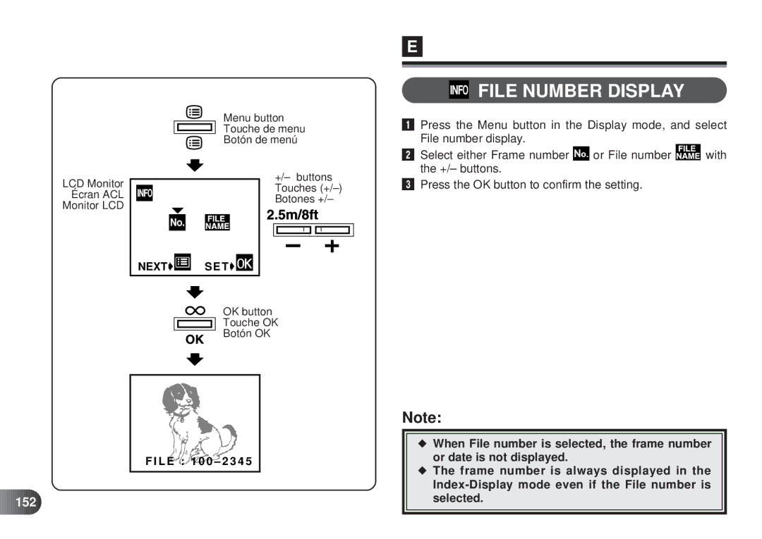 Olympus D-450 manual File Number Display, 152 