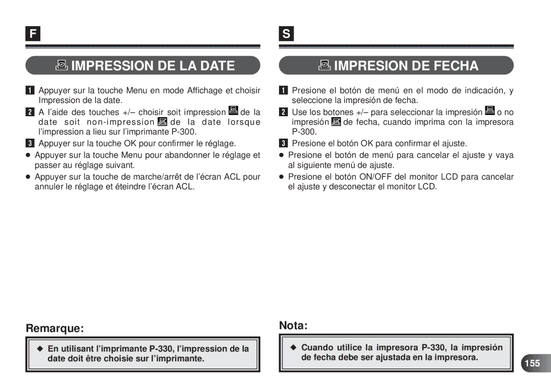 Olympus D-450 manual Impression DE LA Date, Impresion DE Fecha, 155 