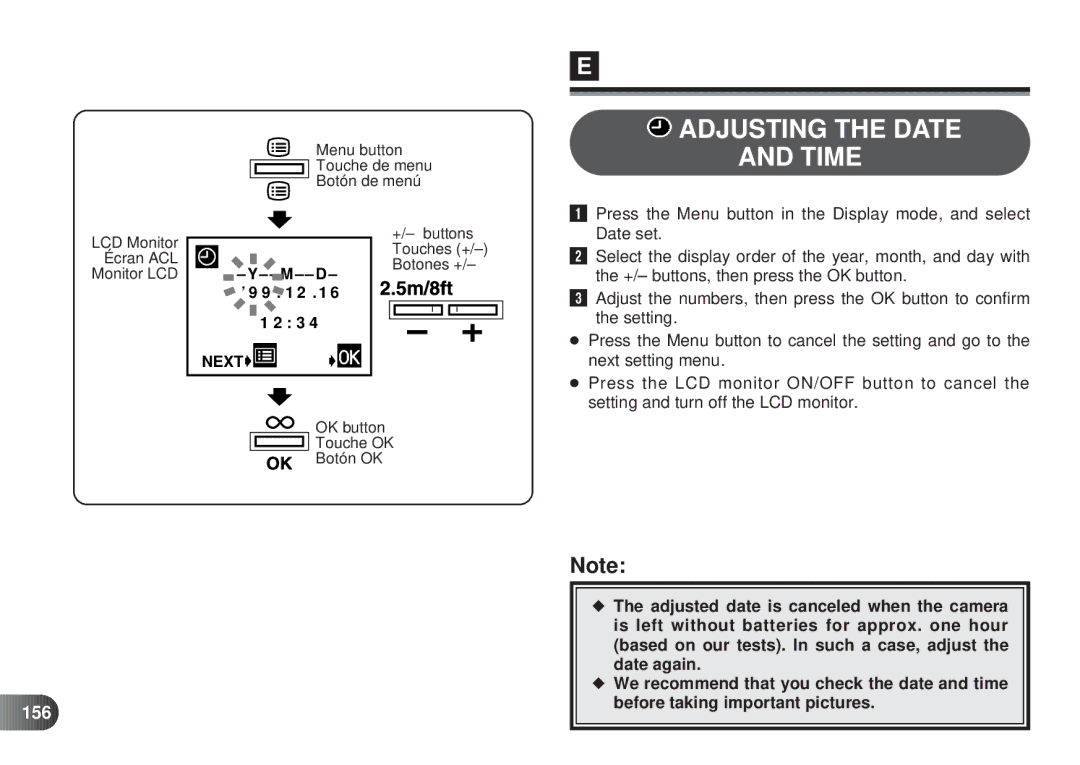 Olympus D-450 manual Adjusting the Date Time, 156 