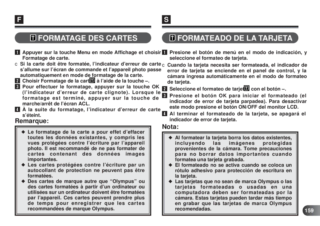 Olympus D-450 manual Formatage DES Cartes, Formateado DE LA Tarjeta, Recomendadas, 159 