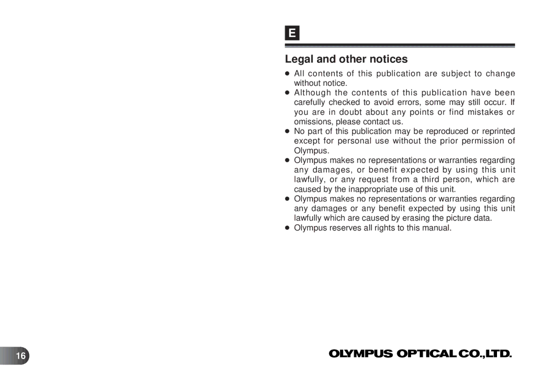 Olympus D-450 Legal and other notices, Olympus reserves all rights to this manual 