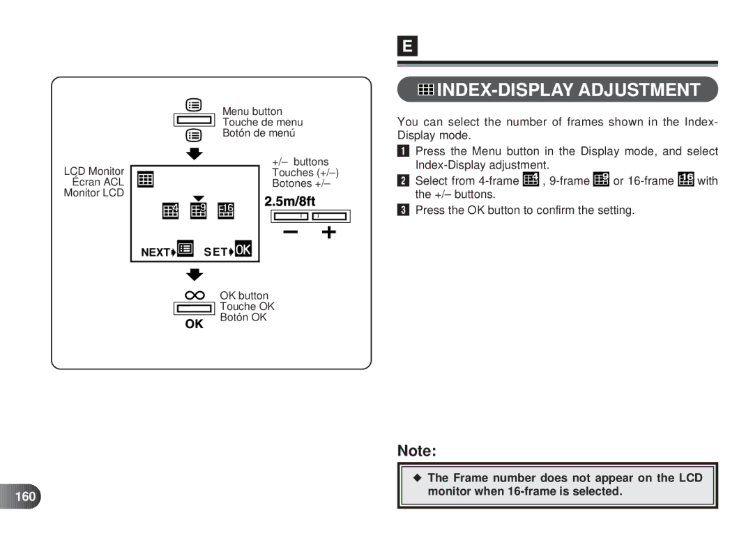 Olympus D-450 manual INDEX-DISPLAY Adjustment, 160 