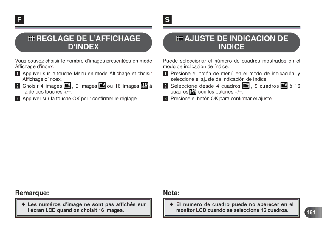 Olympus D-450 manual Reglage DE L’AFFICHAGE ’INDEX Ajuste DE Indicacion DE Indice, 161 