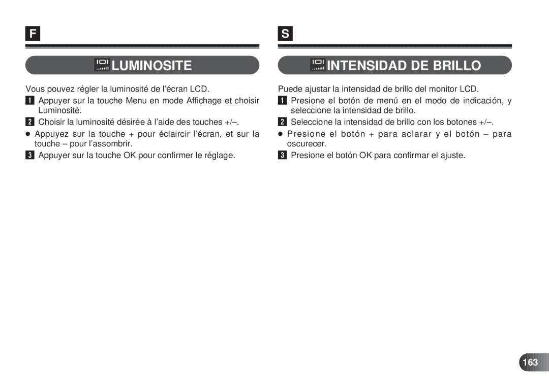 Olympus D-450 manual Luminosite, Intensidad DE Brillo, 163 