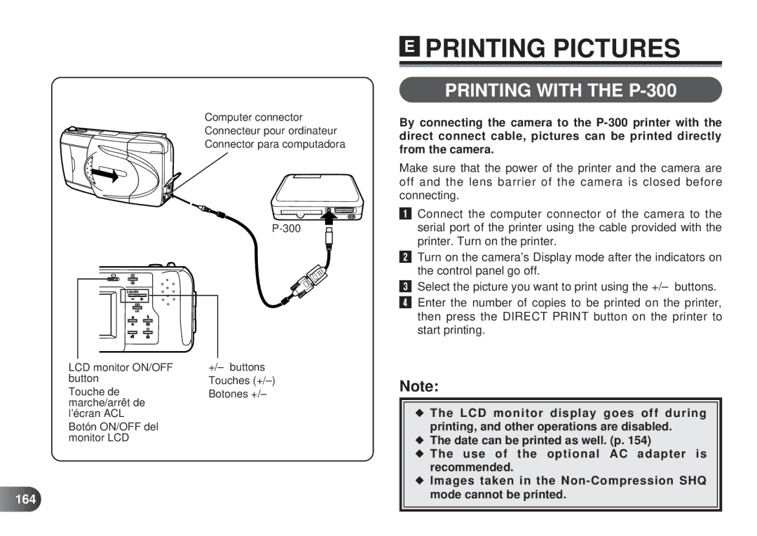 Olympus D-450 manual Printing with the P-300, 164 