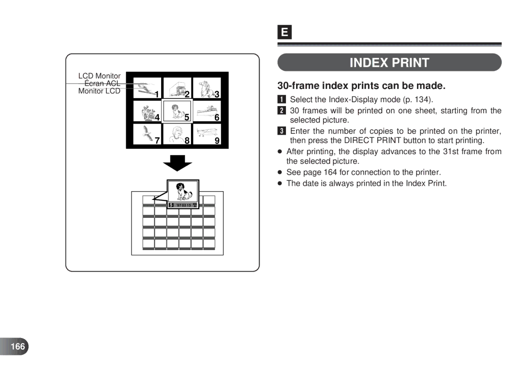 Olympus D-450 manual Index Print, Frame index prints can be made, 166 