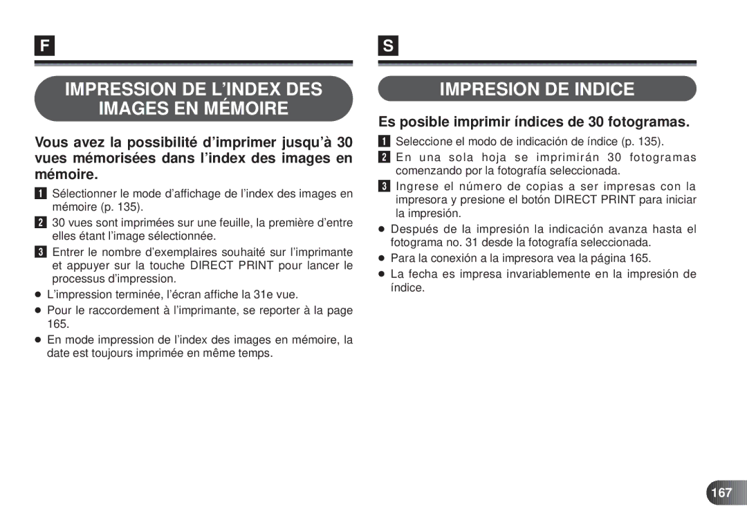 Olympus D-450 manual Impression DE L’INDEX DES Images EN Mémoire, Impresion DE Indice, 167 