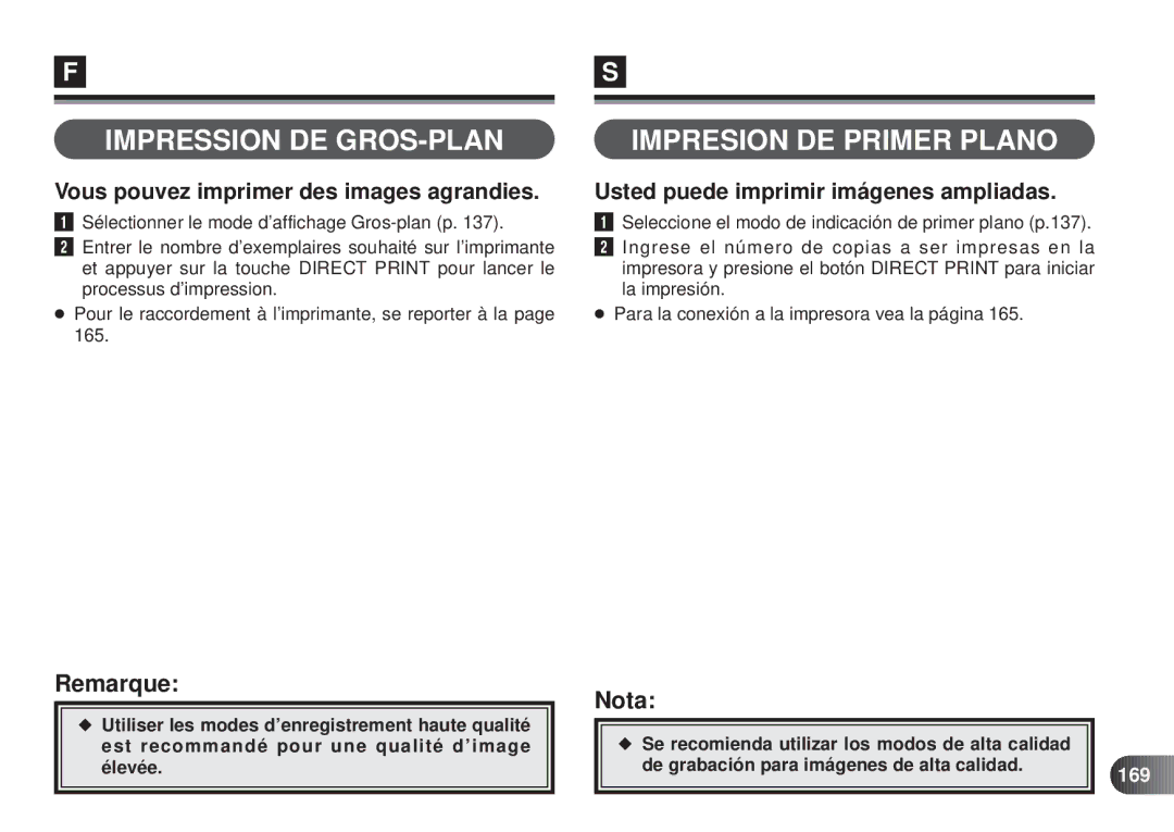 Olympus D-450 manual Impression DE GROS-PLAN, Impresion DE Primer Plano, Vous pouvez imprimer des images agrandies, 169 