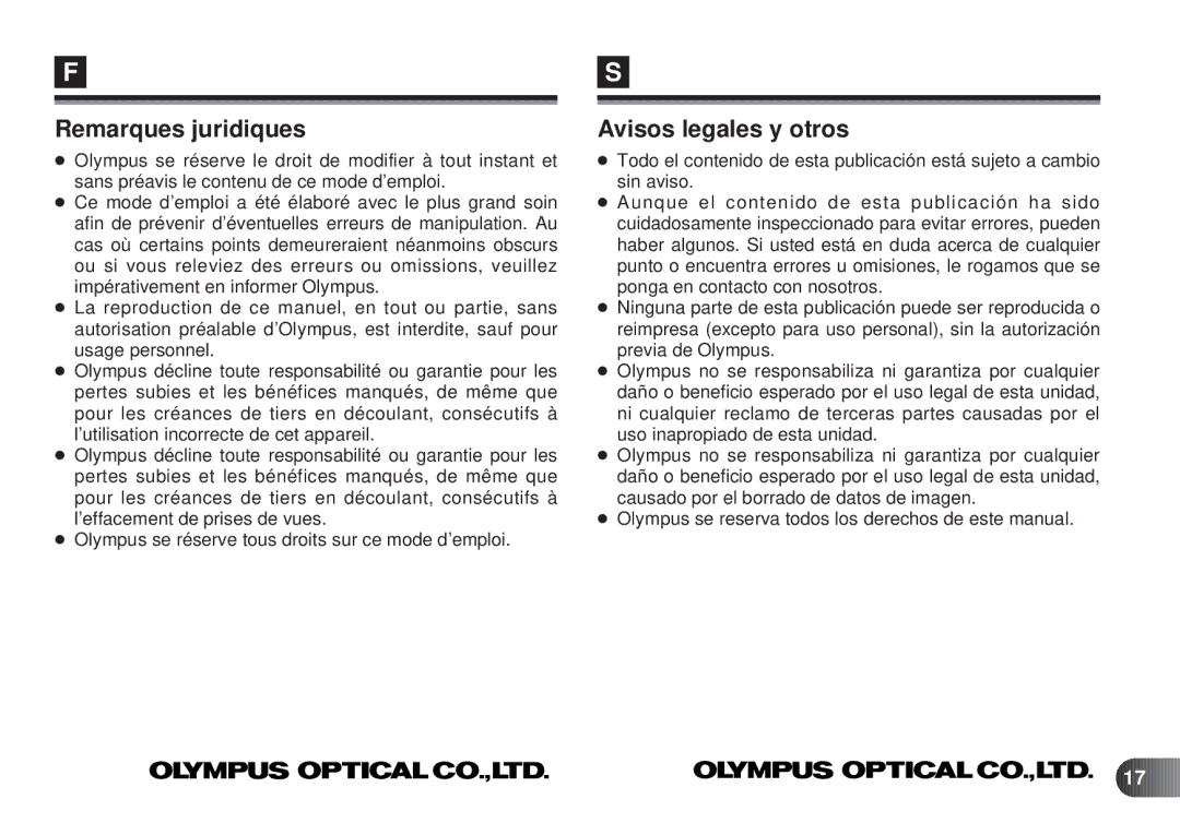 Olympus D-450 manual Remarques juridiques, Avisos legales y otros 