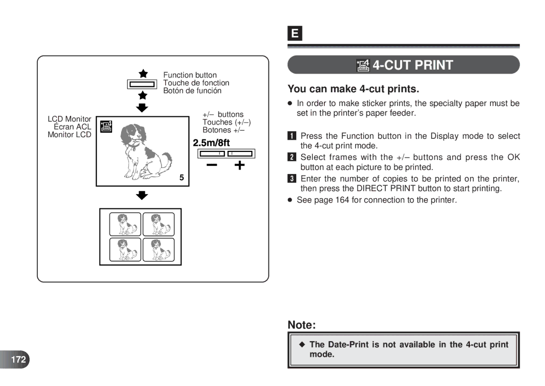 Olympus D-450 manual CUT Print, You can make 4-cut prints, 172, Date-Print is not available in the 4-cut print mode 