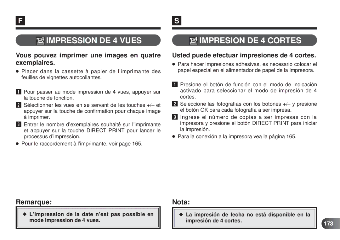 Olympus D-450 Impression DE 4 Vues, Impresion DE 4 Cortes, Vous pouvez imprimer une images en quatre exemplaires, 173 