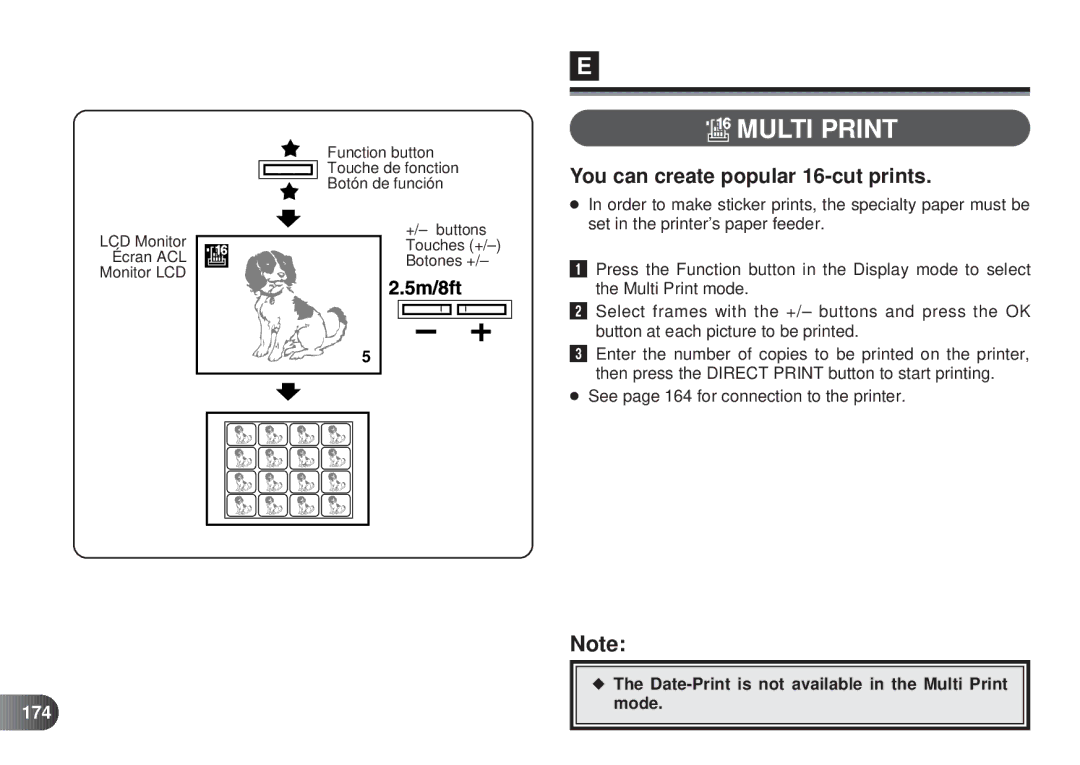 Olympus D-450 manual You can create popular 16-cut prints, 174, Date-Print is not available in the Multi Print mode 