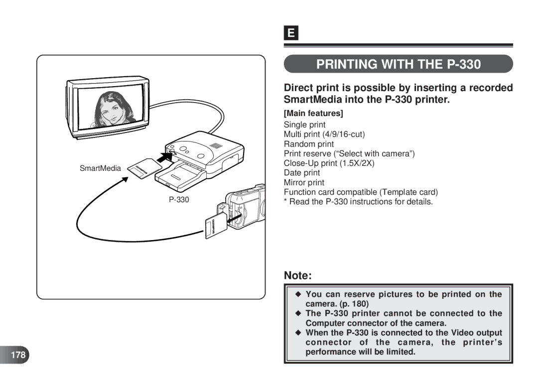 Olympus D-450 manual Printing with the P-330, SmartMedia into the P-330 printer, Main features, 178 