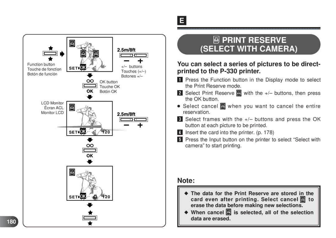 Olympus D-450 manual Print Reserve Select with Camera, Card even after printing. Select cancel, 180 