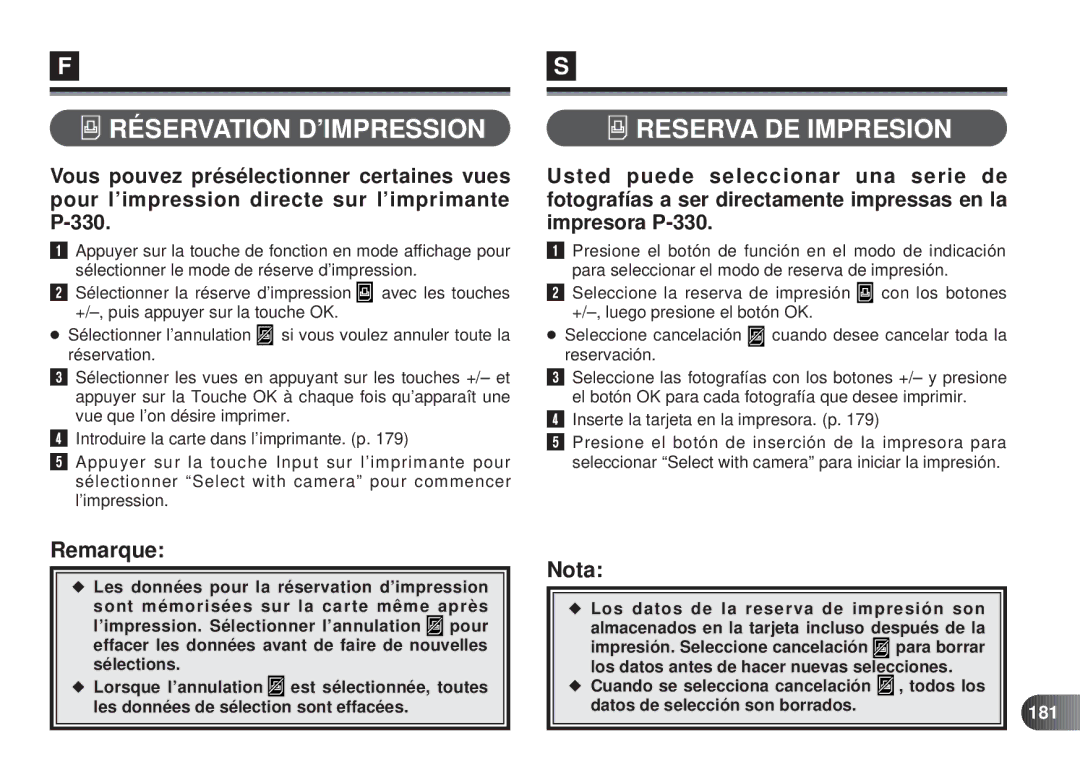 Olympus D-450 manual Réser Vation D’IMPRESSION Reserva DE Impresion, Inserte la tarjeta en la impresora. p, 181 