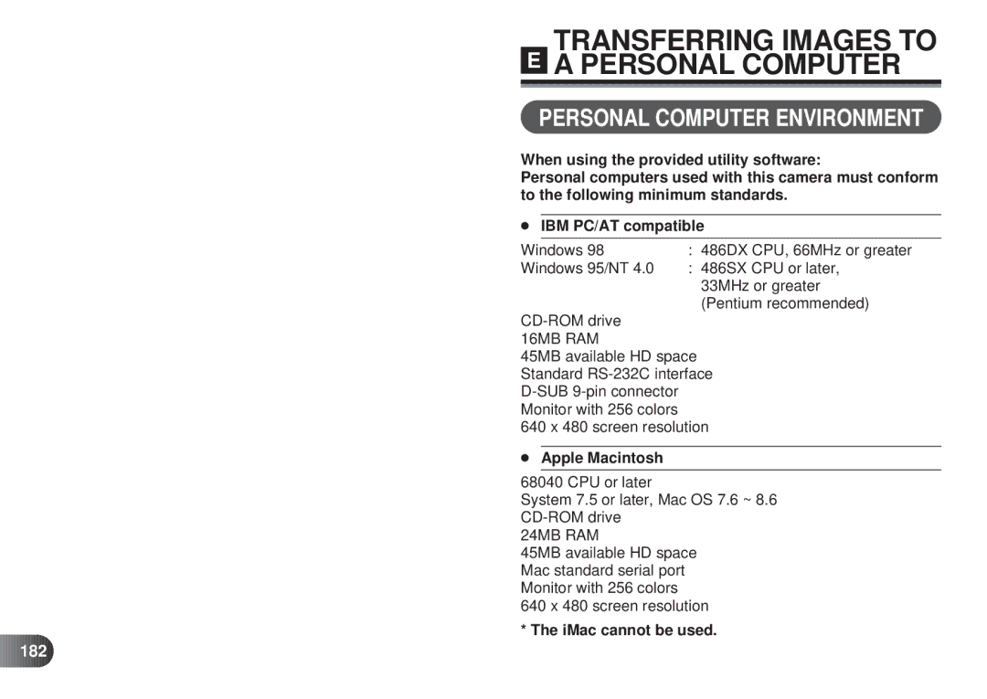 Olympus D-450 manual Personal Computer Environment, 182, Apple Macintosh, IMac cannot be used 