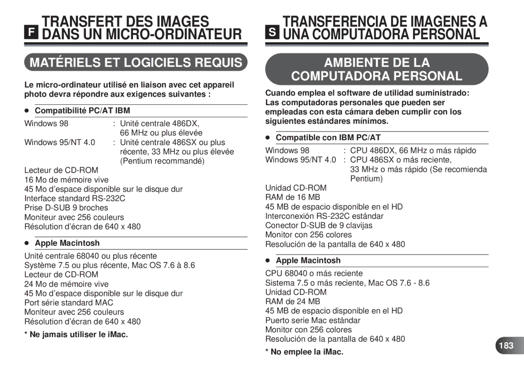 Olympus D-450 manual Matériels ET Logiciels Requis, Ambiente DE LA Computadora Personal, 183 