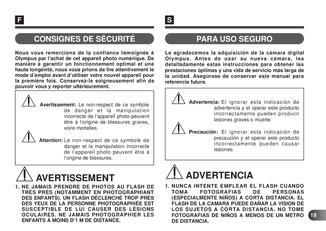 Olympus D-450 manual Avertissement, Consignes DE Sécurité Para USO Seguro 