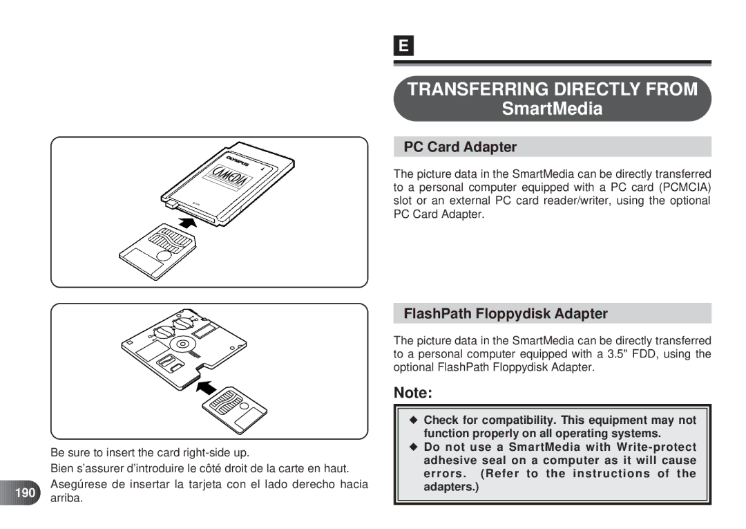 Olympus D-450 manual Transferring Directly from, PC Card Adapter, FlashPath Floppydisk Adapter, 190 