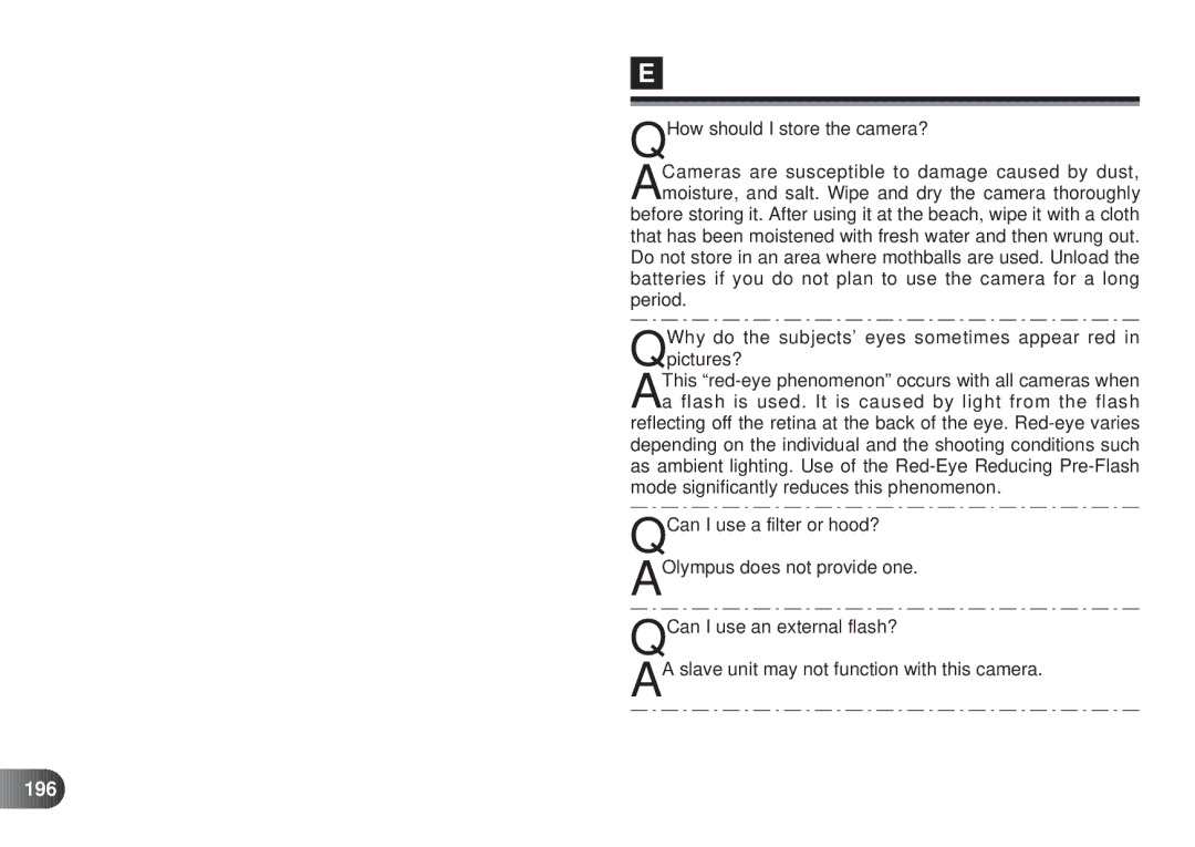 Olympus D-450 manual QHow should I store the camera?, 196 