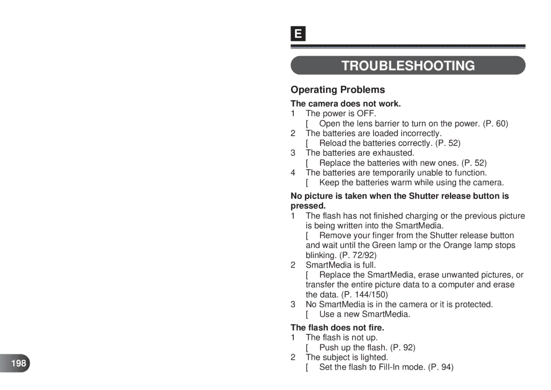 Olympus D-450 manual Troubleshooting, 198, Camera does not work, Flash does not fire 