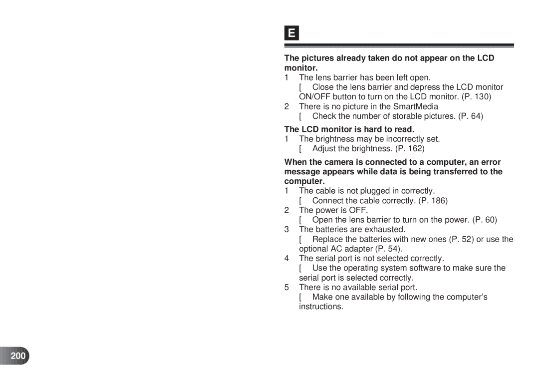 Olympus D-450 manual Pictures already taken do not appear on the LCD monitor, LCD monitor is hard to read, 200 